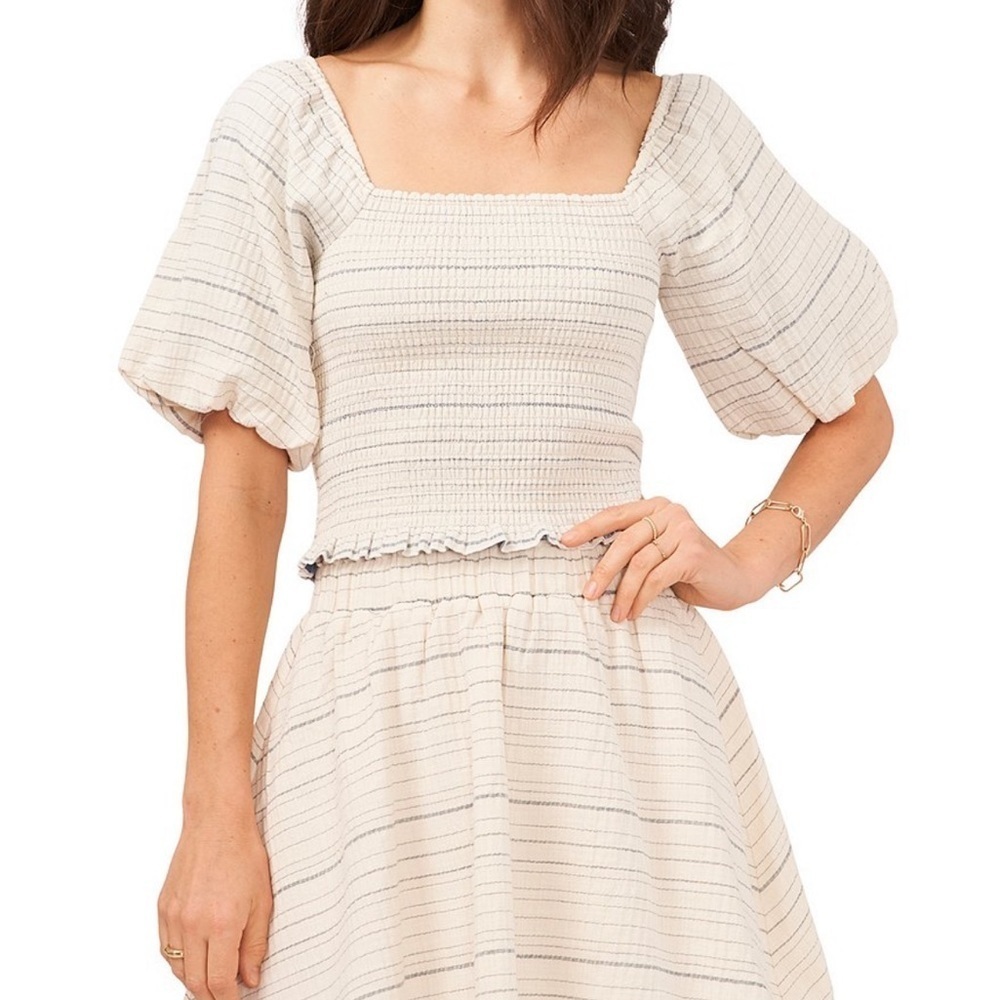 Woven Short Puffed Sleeve Smocked Bodice Square Neck Striped Print Ruffle Top